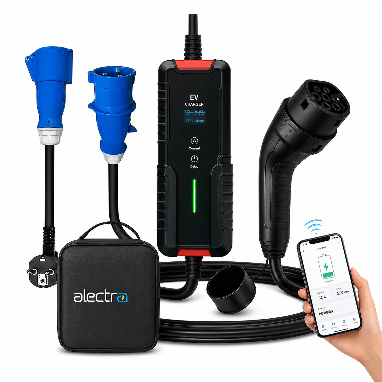 Kit Alectra con cargador portátil, enchufe industrial azul CEE 32A, conector Tipo 2, bolso y vista de monitoreo desde el celular.