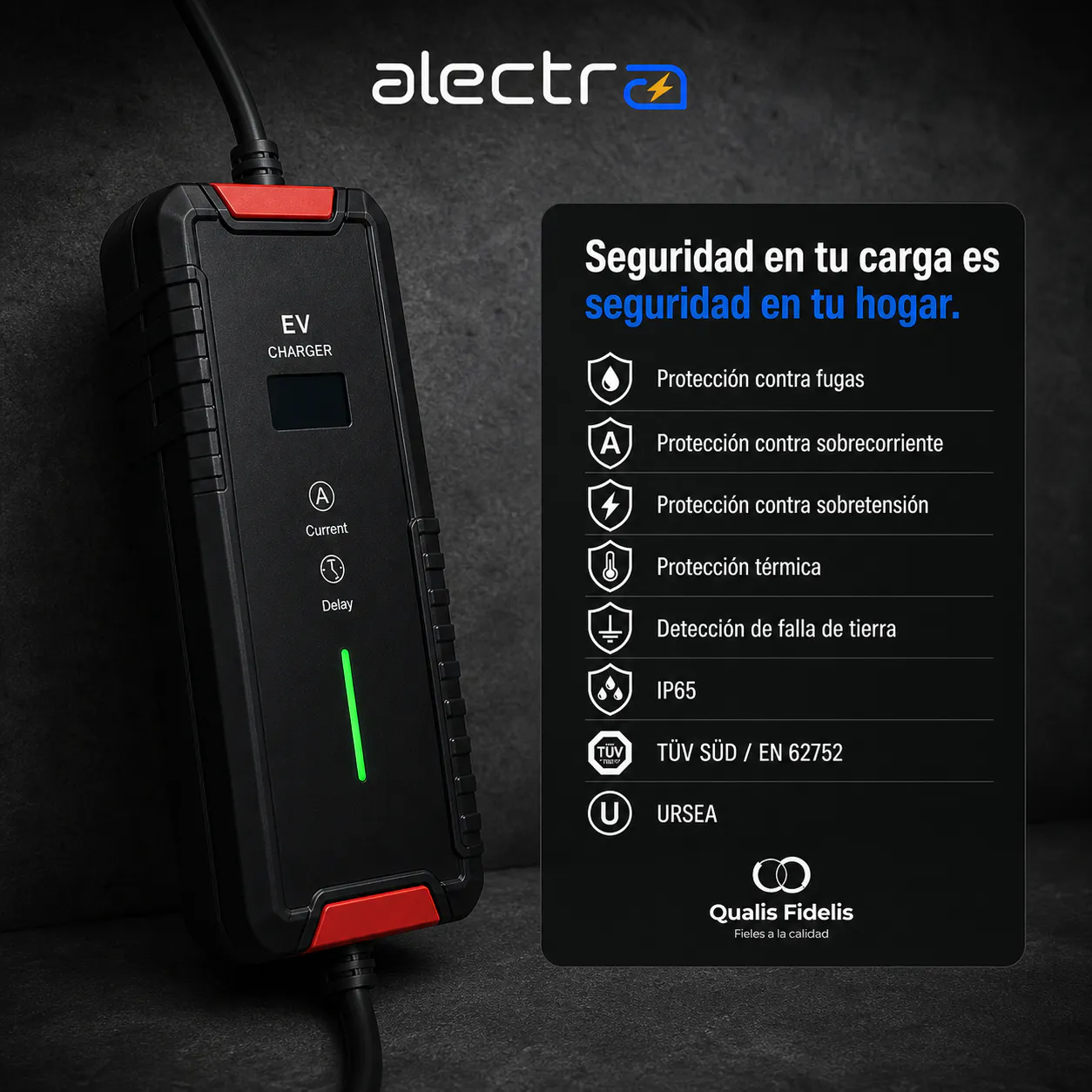 Panel de seguridad del cargador Alectra con protecciones, IP65 y referencia TÜV SÜD EN 62752.